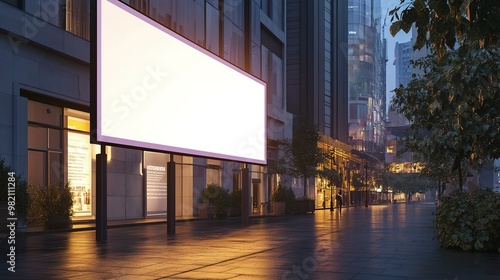 Mockup white screen, billboard rectangular outdoor, In front of the entrance to the mall, evening