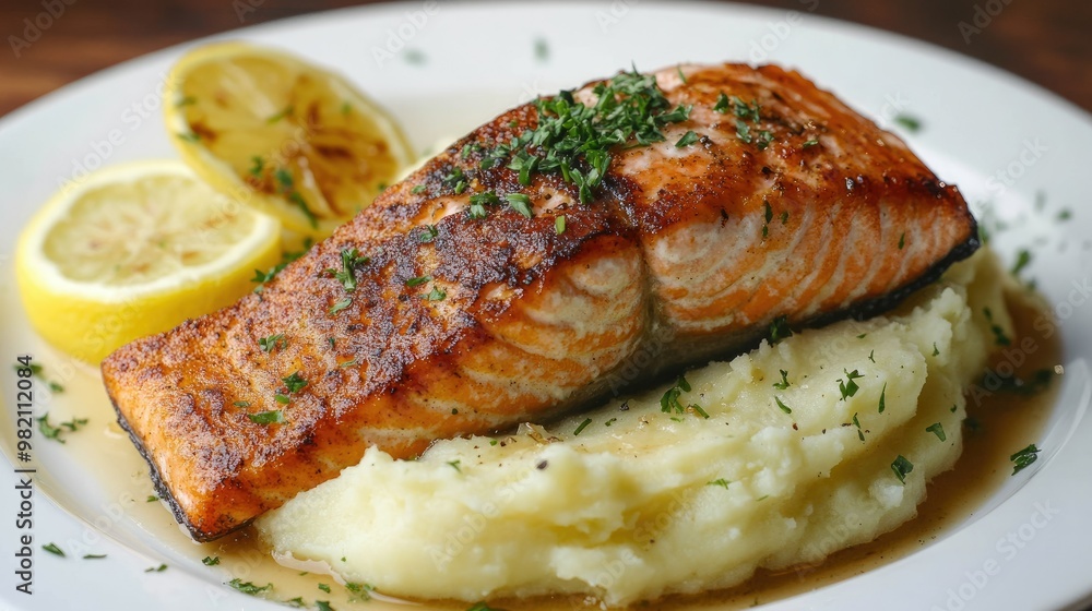 Crispy seared salmon fillet atop a bed of buttery mashed potatoes, elegantly presented on a white plate with fresh herbs and lemon slices. Crispy seared salmon fillet atop a bed of buttery mashed potatoes, elegantly presented on a white plate with fresh herbs and lemon slices.