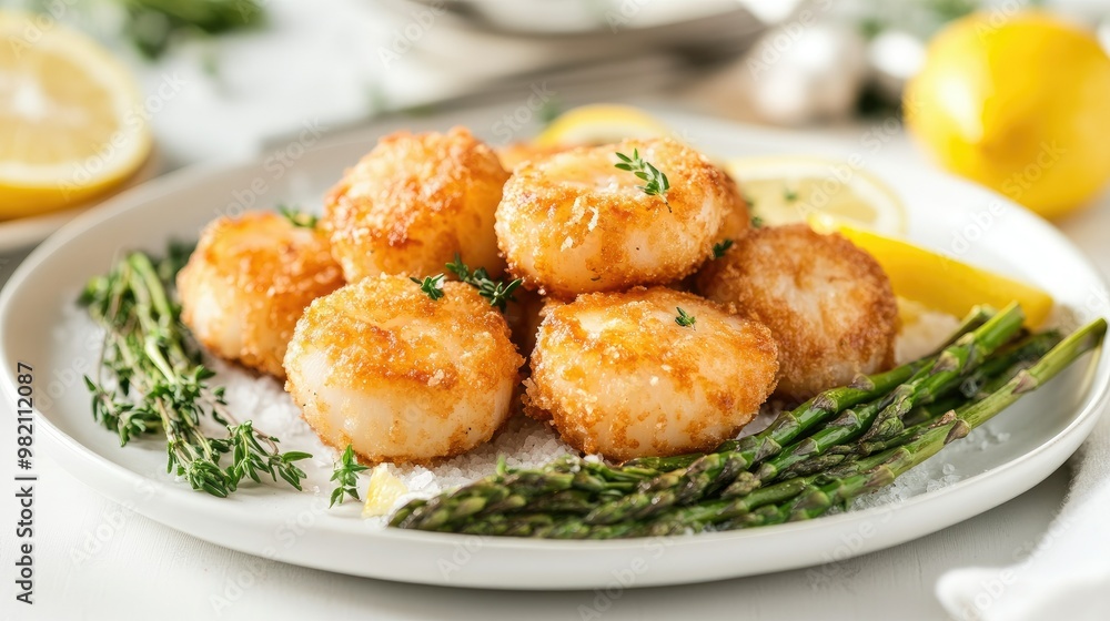 Crispy fried scallops arranged with asparagus spears, fresh thyme, and lemon slices, presented on a white table for a simple yet elegant seafood dish. Crispy fried scallops arranged with asparagus spears, fresh thyme, and lemon slices, presented on a white table for a simple yet elegant seafood dish.