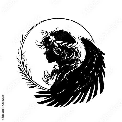 A silhouette of Christmas angel woman with wings on her head. Vector illustration isolated on white background.