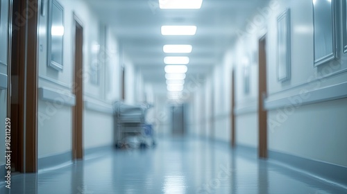 Defocused hospital clinic interior with blurred medical equipment and hallways, perfect for use in medical, healthcare, or clinic office background visuals.