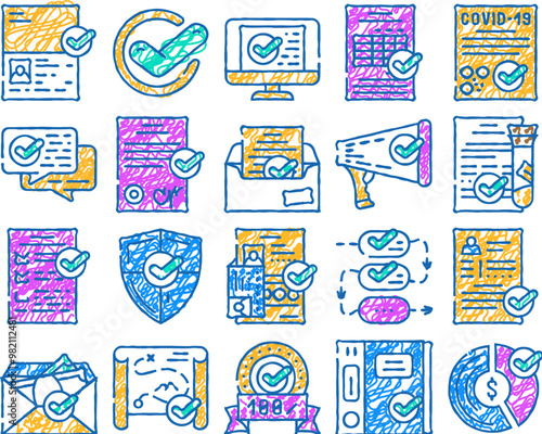 compliance quality procedure doodle icons set vector. sketch line art compliance passport and covid certificate, approval conversation and check list, cv and documentation color illustrations