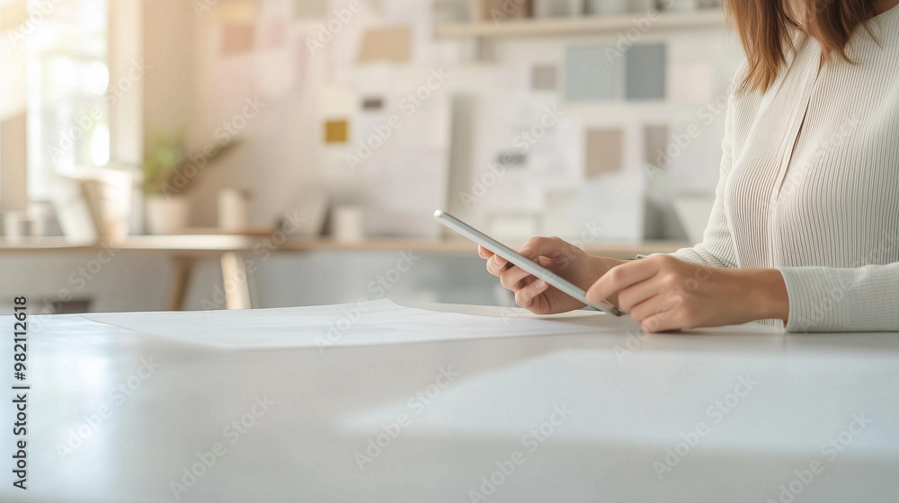 designer sits at a stylish desk in their studio, tablet in hand, reviewing business orders. The background features a well-organized workspace with mood boards, design materials, a designer sits at a stylish desk in their studio, tablet in hand, reviewing business orders. The background features a well-organized workspace with mood boards, design materials, a