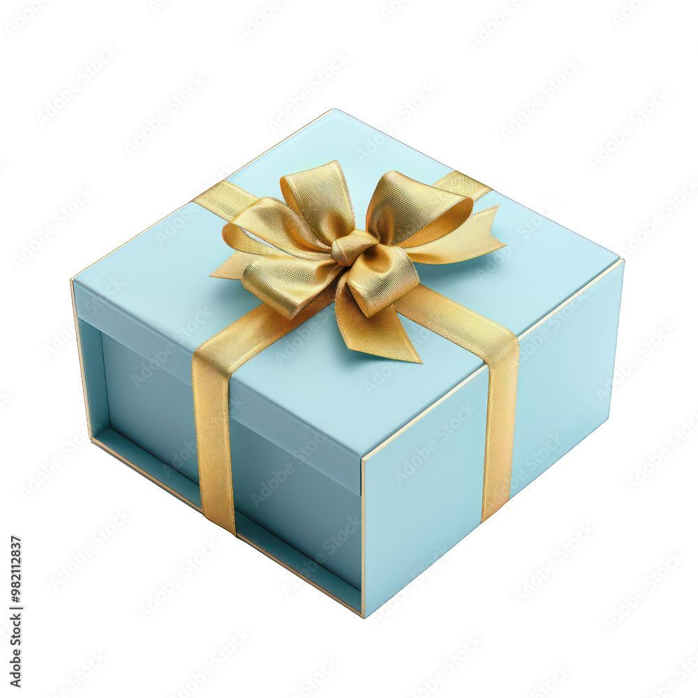 Obraz premium A light blue gift box with a golden ribbon, symbolizing celebration and giving.