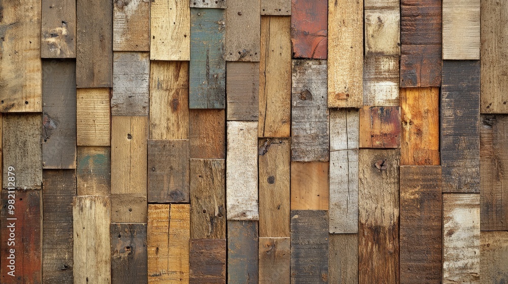 Rustic wooden wall texture with various planks in different colors and patterns. Perfect for backgrounds or design projects. Rustic wooden wall texture with various planks in different colors and patterns. Perfect for backgrounds or design projects.
