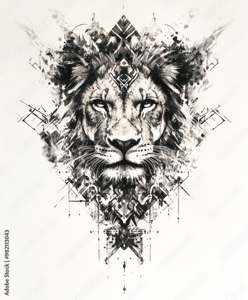 A detailed artistic representation of a lion's face with abstract elements. A detailed artistic representation of a lion's face with abstract elements.