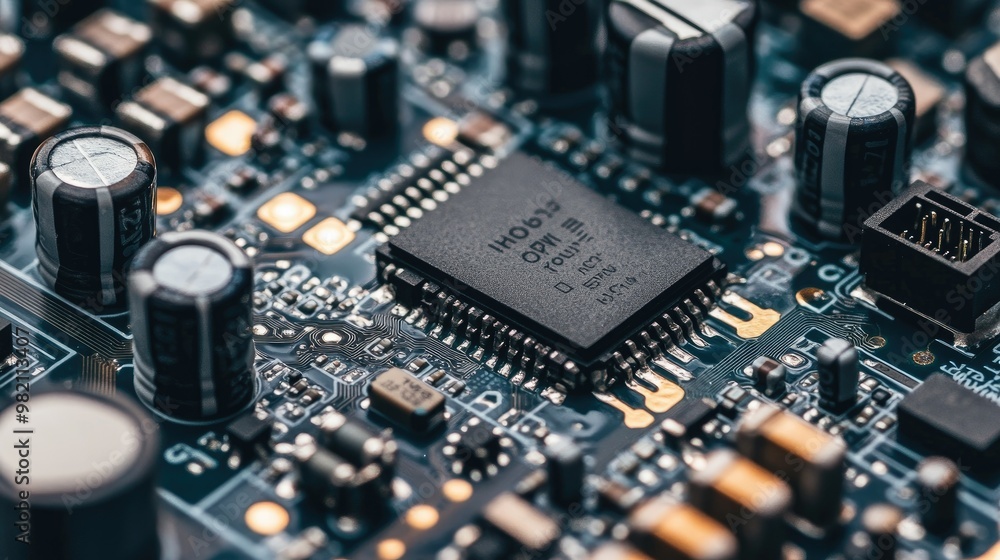Detailed shot of a wireless audio circuit boardaes components, including resistors and IC chips, set on a clean white background. Detailed shot of a wireless audio circuit boardaes components, including resistors and IC chips, set on a clean white background.