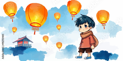 Landscape A young boy and girl  with glowing sky lanterns floating in the sky digital vector illustration. cartoon illustration.