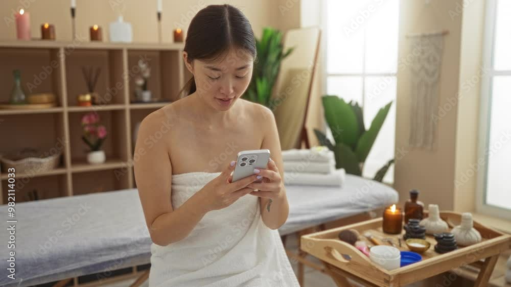 Young woman in spa wrapped in a towel checking her phone surrounded by candles and wellness items Young woman in spa wrapped in a towel checking her phone surrounded by candles and wellness items
