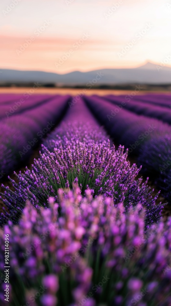 Obraz premium Breathtaking lavender field under a serene sky, showcasing vibrant purple blooms in rows, perfect for nature enthusiasts and relaxation.