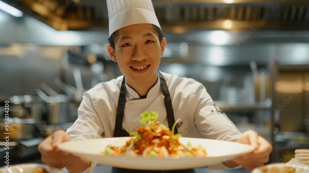 Professional Chef Presenting a Delicious Appetizer in a Restaurant Kitchen Professional Chef Presenting a Delicious Appetizer in a Restaurant Kitchen