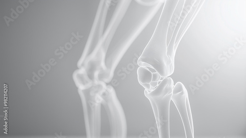 grayscale illustration of a human skeleton with a focus on the knee joint, which is highlighted to indicate pain. The image features medical aesthetic details, such as shaded areas