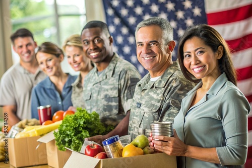 Community support for veterans with volunteers distributing food and essentials in patriotic setting