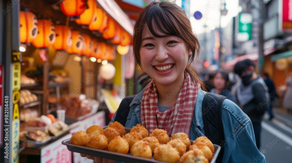 Delicious Street Food in Tokyo: A Smiling Woman Holds a Tray of Fried Treats Delicious Street Food in Tokyo: A Smiling Woman Holds a Tray of Fried Treats