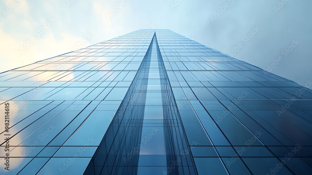 A low angle view of a tall glass skyscraper reaching up towards the sky. A low angle view of a tall glass skyscraper reaching up towards the sky.