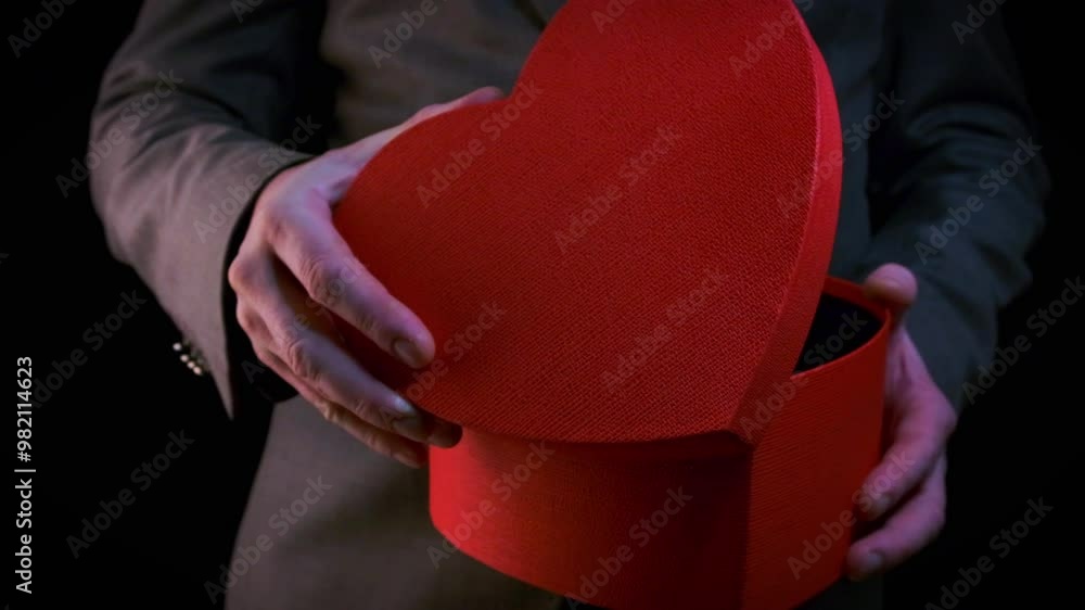 A man in a gray elegant suit on a black background gives a heart-shaped gift. A man in a gray elegant suit on a black background gives a heart-shaped gift.