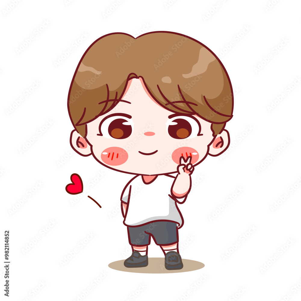 Cute boy showing peace sign wearing tee shirt cartoon character. Korean style fashion. People expression concept design. Chibi vector illustration. Isolated white background Cute boy showing peace sign wearing tee shirt cartoon character. Korean style fashion. People expression concept design. Chibi vector illustration. Isolated white background