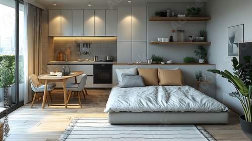 Minimalist studio apartment sketch with a multifunctional layout, including a sofa bed, a small dining table for two, and a compact kitchen. The design is clean and modern, photo