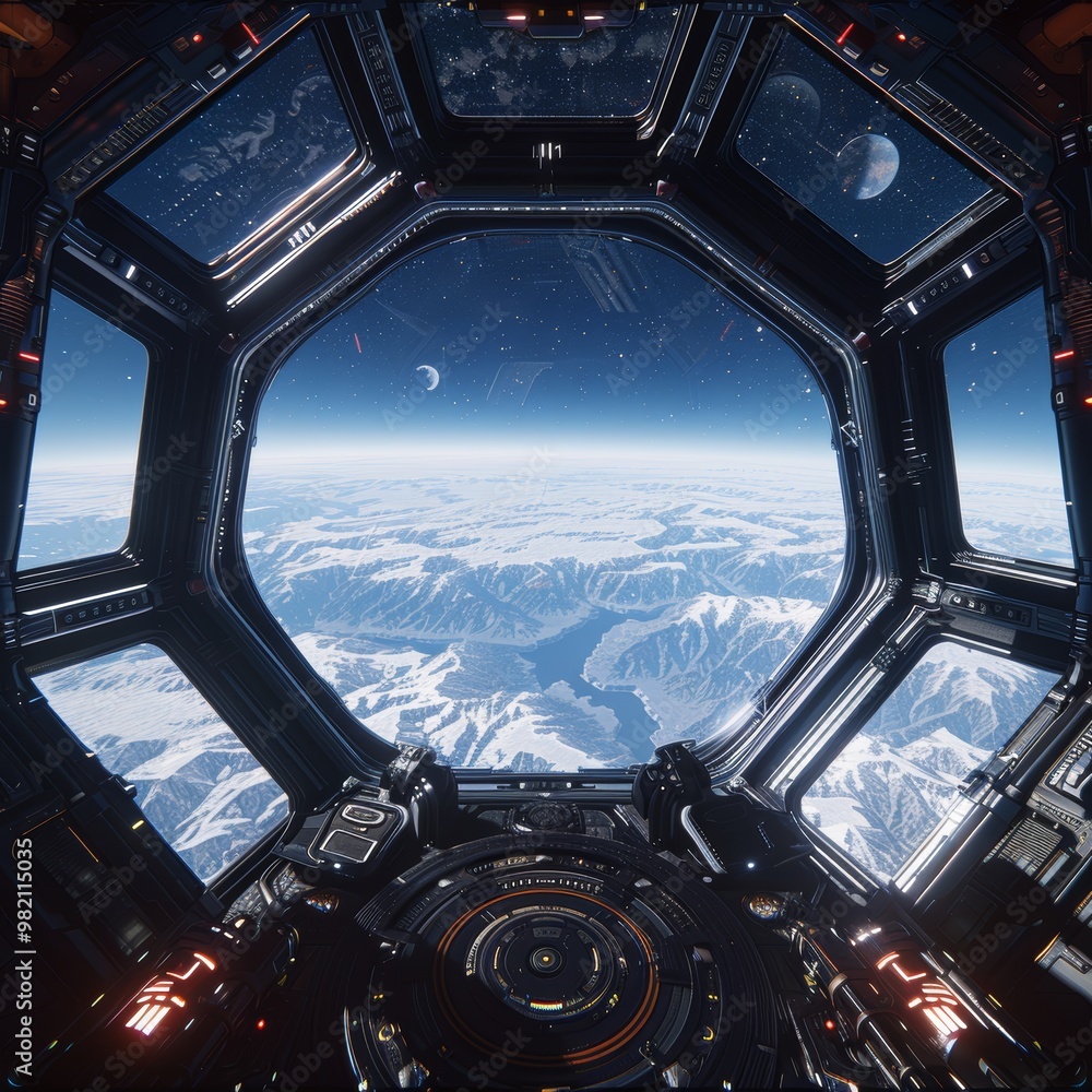 View of snow-covered mountain range from a futuristic spaceship cockpit, space exploration concept. View of snow-covered mountain range from a futuristic spaceship cockpit, space exploration concept.