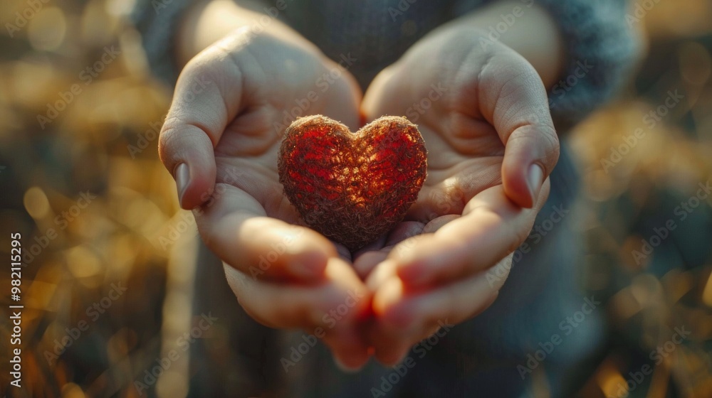 Two hands cupped together hold a heart-shaped object made of woven material. AI generative. . Two hands cupped together hold a heart-shaped object made of woven material. AI generative. .