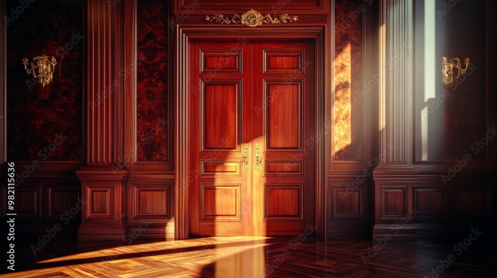 Sunlight streaming through an elegant wooden door in a luxurious, vintage room with intricate wall designs and warm wooden flooring. Sunlight streaming through an elegant wooden door in a luxurious, vintage room with intricate wall designs and warm wooden flooring.