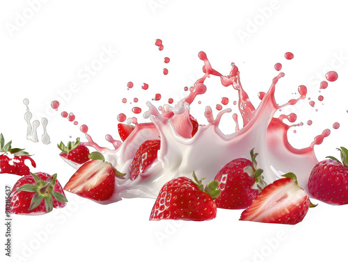 A splash of milk with fresh strawberries, showcasing a vibrant and appetizing scene.