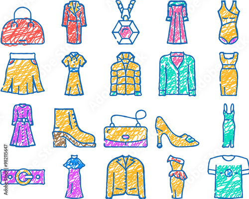 fashion store garment and shoes doodle icons set vector. sketch line art fashion store selling dresses evening gowns and jacket, t-shirt and coats, woman bag and belt accessories color illustrations