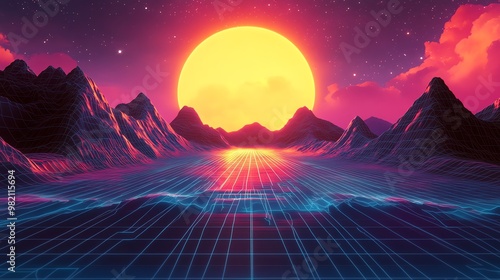 Retro 80s inspired landscape with a large sun and a grid. photo