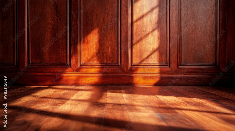 Sunlight streaming through windows casting warm shadows on polished wooden floor next to elegant wood paneling in a room. Sunlight streaming through windows casting warm shadows on polished wooden floor next to elegant wood paneling in a room.