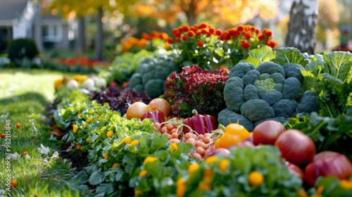 Fresh vegetables, like broccoli, tomatoes, and peppers, are arranged in a garden setting. AI generative. . photo