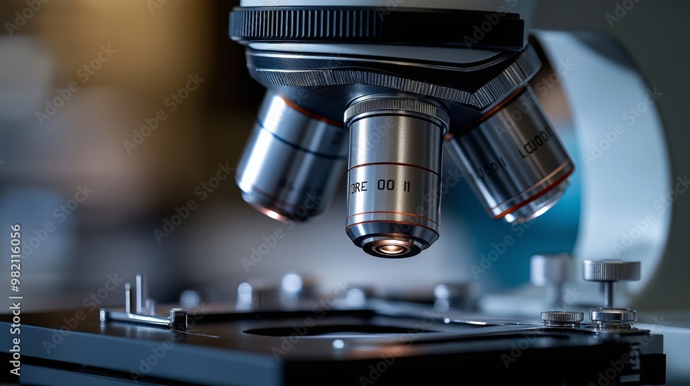A close-up shot of a microscope lens with a focus on the fine details of the objective, highlighting the precision of the scientific equipment in a research setting A close-up shot of a microscope lens with a focus on the fine details of the objective, highlighting the precision of the scientific equipment in a research setting