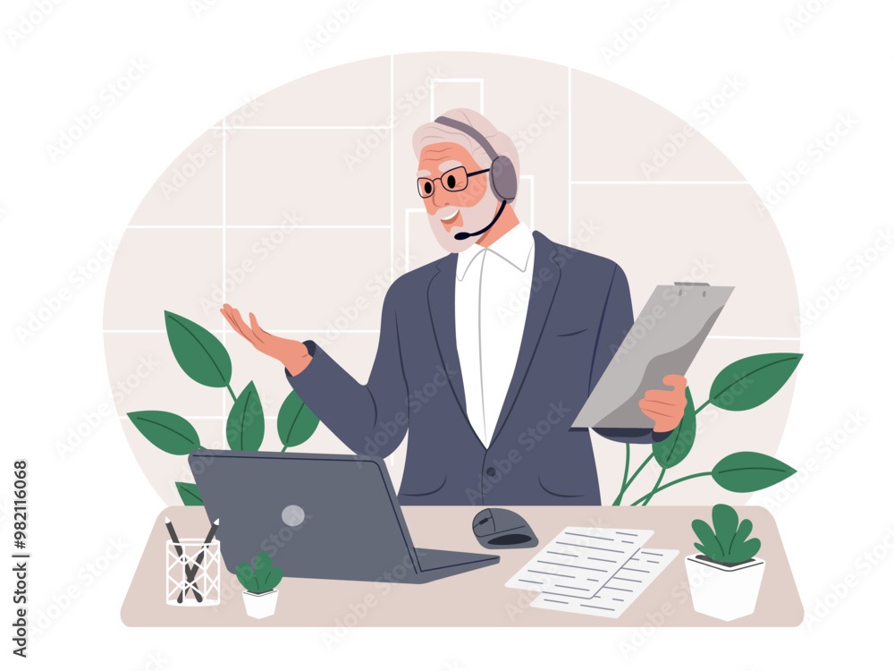 Call center. Elderly man with a headset for support and communication in the office. A telemarketing agent works on deals, advises clients Call center. Elderly man with a headset for support and communication in the office. A telemarketing agent works on deals, advises clients