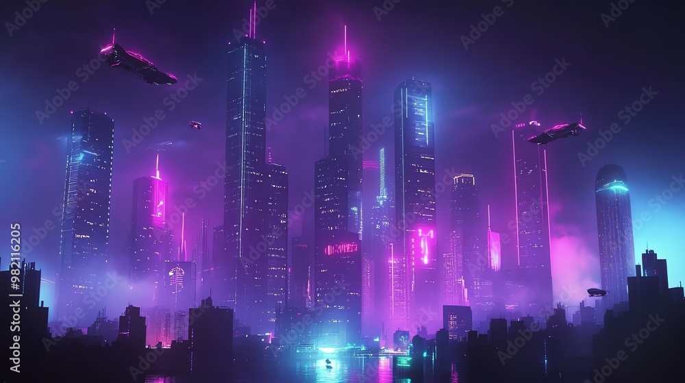 Obraz premium Futuristic city skyline with neon lights and flying vehicles.