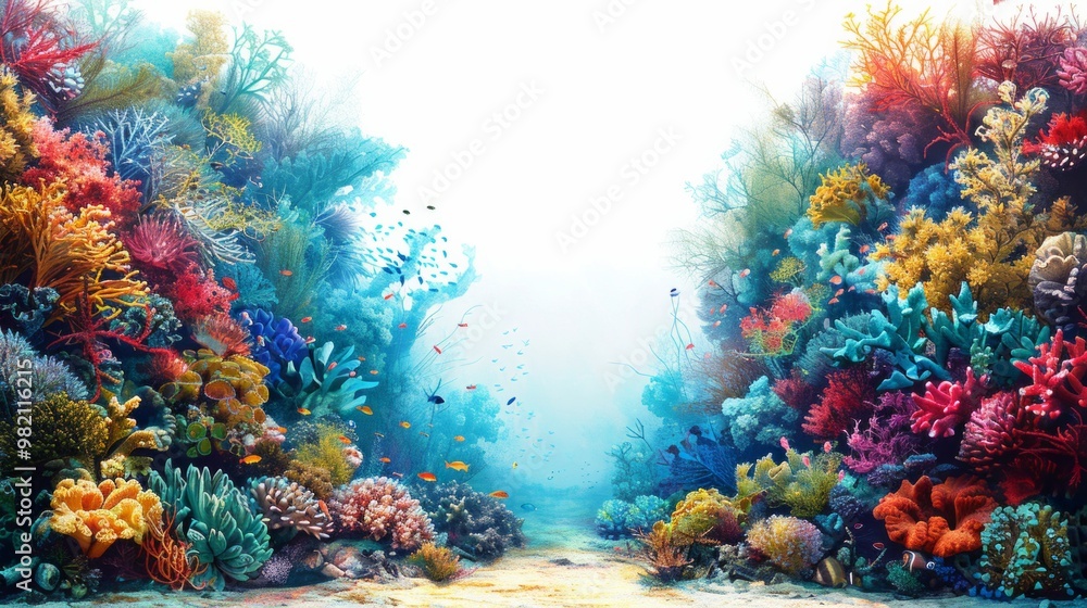 Fototapeta premium Colorful coral reef with fish and clear blue water in the background. AI generative. .