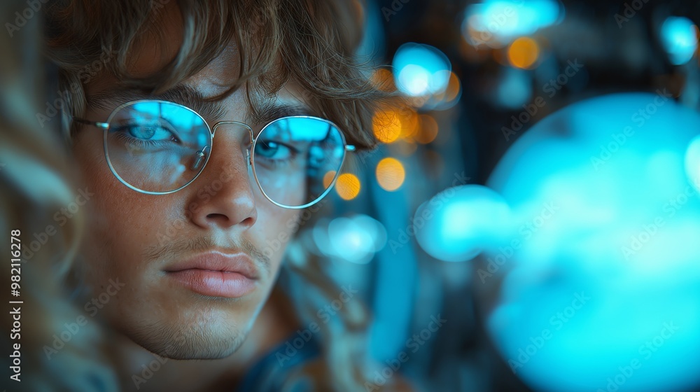 Close-up portrait of a young man with glasses reflecting blue lights, creating a dreamy and introspective atmosphere with bokeh effects in the background Close-up portrait of a young man with glasses reflecting blue lights, creating a dreamy and introspective atmosphere with bokeh effects in the background