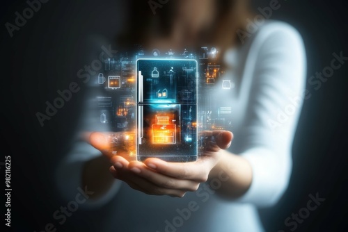 Hologram of a smart fridge from home appliances industry in womans hands photo