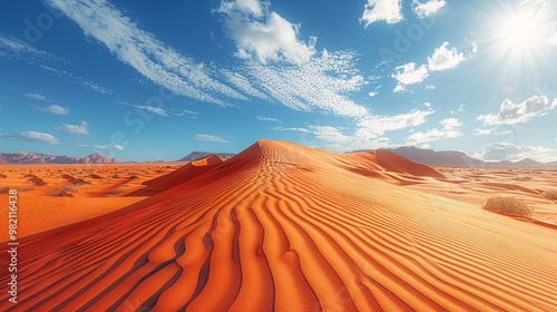 Striking orange sand dunes under a clear blue sky with fluffy white clouds. AI generative. .