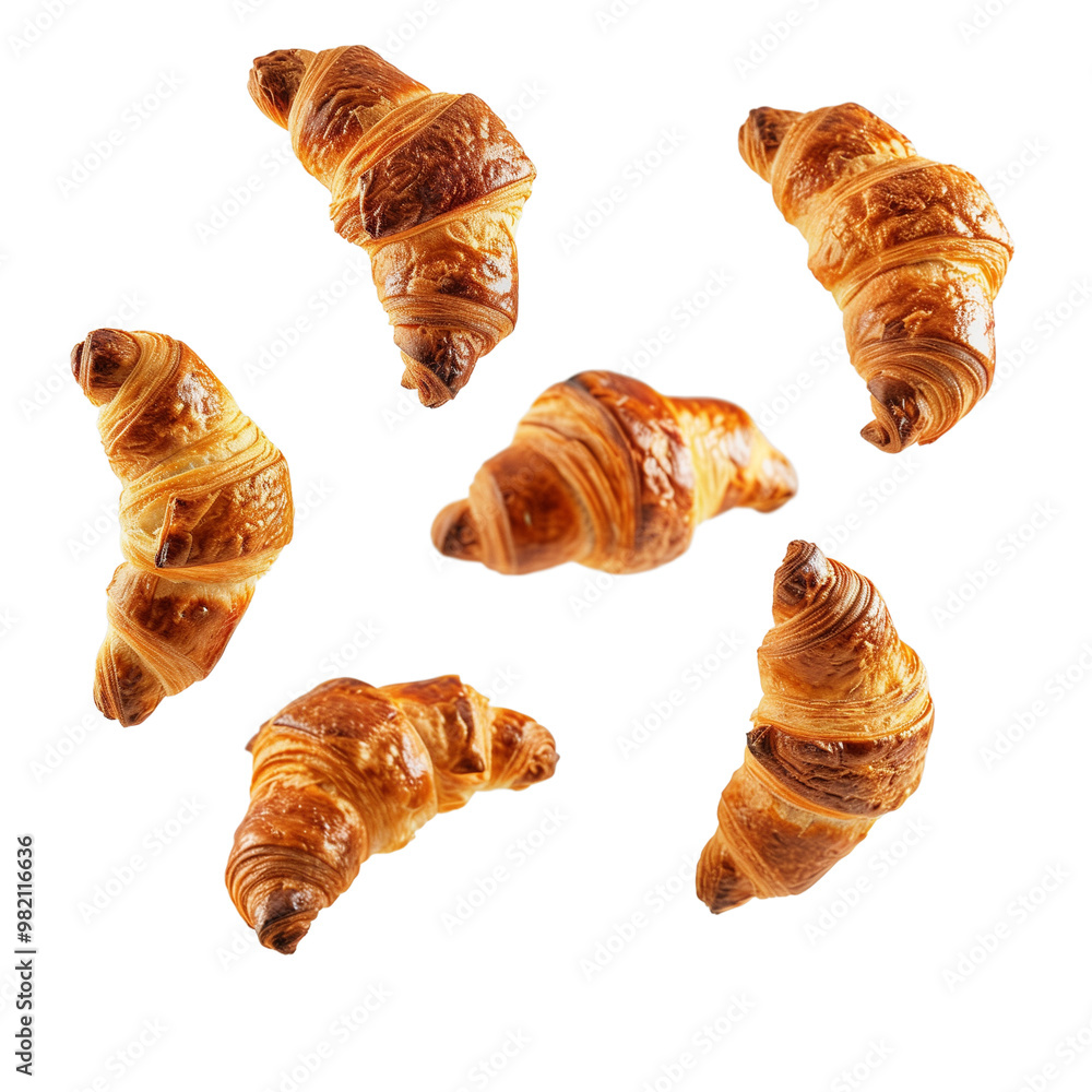 Flying Golden Croissants on Transparent Background Flying Golden Croissants on Transparent Background