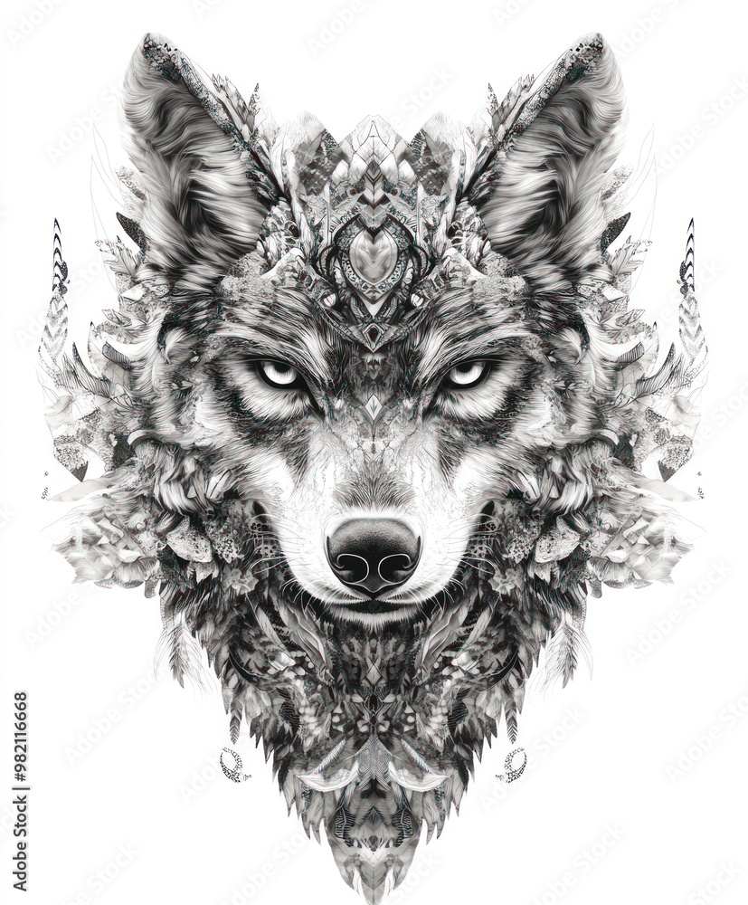 Fototapeta premium A detailed black-and-white illustration of a wolf's face with intricate designs.