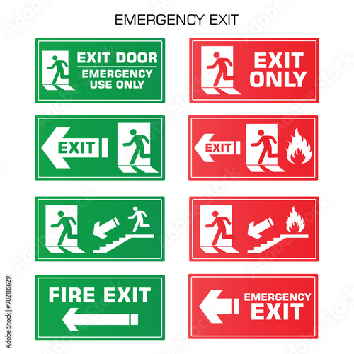 Emergency signs for people to get out or take shelter from danger in a building or structure