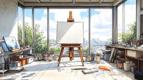 A bright artist's studio sketch featuring an easel with a canvas, scattered art supplies, and large windows allowing natural light to flood the space. The room has an open, photo