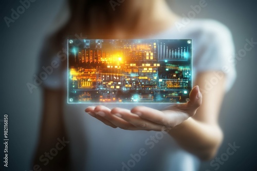 Hologram of a soundboard from audio engineering in womans hands