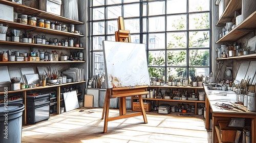 A bright, creative artist studio sketch featuring an easel with a half-finished canvas, shelves of art supplies, and large windows allowing sunlight to flood the room. photo