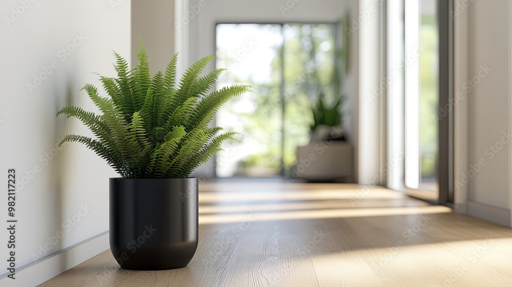 Foxtail fern in a stylish black pot, creating a contrast in a bright, minimal house corner with wooden floors. Foxtail fern in a stylish black pot, creating a contrast in a bright, minimal house corner with wooden floors.
