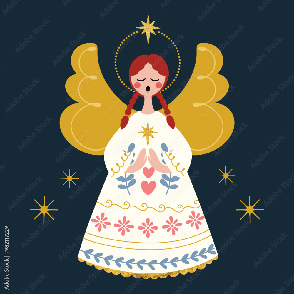 Merry Christmas card folk art design vector. Wallpaper with angel, sparkle on navy blue background. Illustration design for sticker, card, poster, invitation, greeting. Merry Christmas card folk art design vector. Wallpaper with angel, sparkle on navy blue background. Illustration design for sticker, card, poster, invitation, greeting.