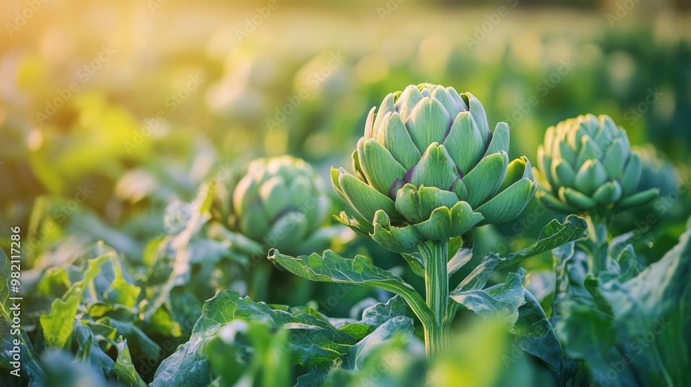 Fresh artichokes growing in a sustainable German slow food farm, with lush green fields and healthy plants ready for harvest. Organic farming focus. Fresh artichokes growing in a sustainable German slow food farm, with lush green fields and healthy plants ready for harvest. Organic farming focus.