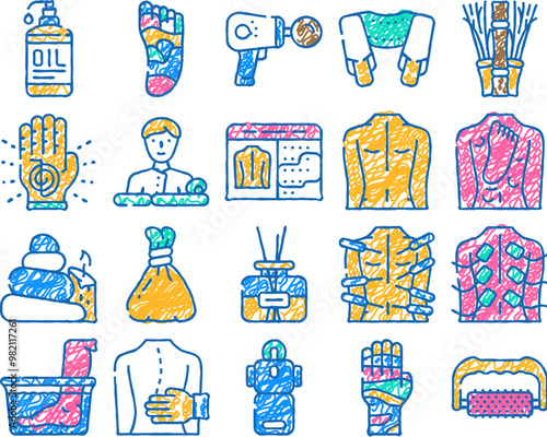 massage accessories and treatment doodle icons set vector. sketch line art shiatsu massage physiotherapy and acupuncture, water and stone for massaging, masseur business occupation color illustrations