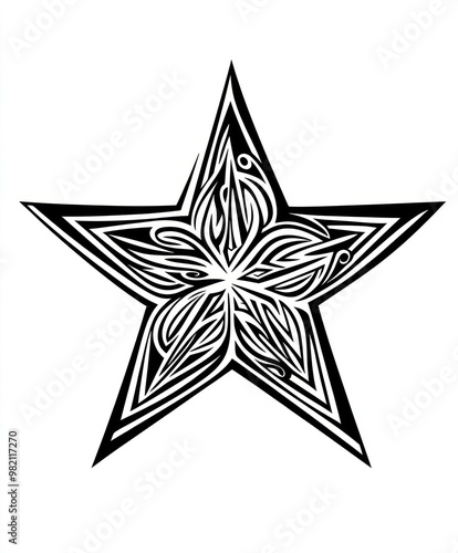 A stylized black and white star design with intricate patterns.