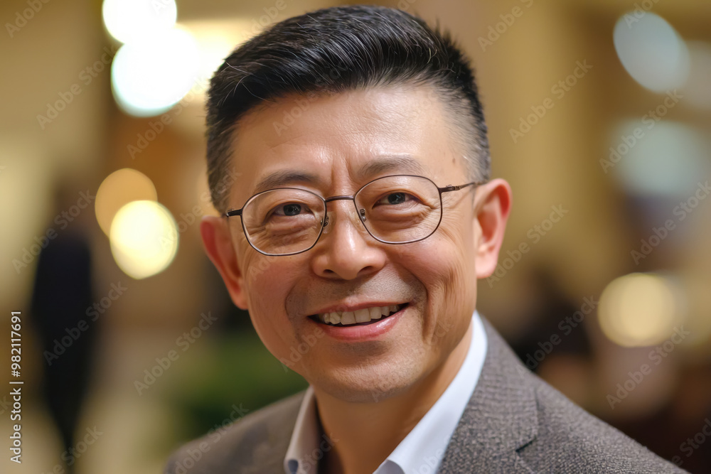 Radiant Professional at an Elegant Event. An East Asian man in his early 50s with glasses, smiling warmly in a formal setting.
Radiant Professional at an Elegant Event. An East Asian man in his early 50s with glasses, smiling warmly in a formal setting.