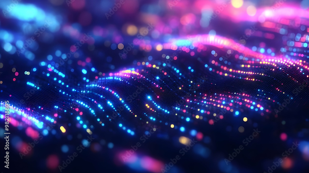 Abstract 3D Render of a Blue and Pink Wavy Surface with Glowing Particles - Digital Art Background for Futuristic Designs Abstract 3D Render of a Blue and Pink Wavy Surface with Glowing Particles - Digital Art Background for Futuristic Designs